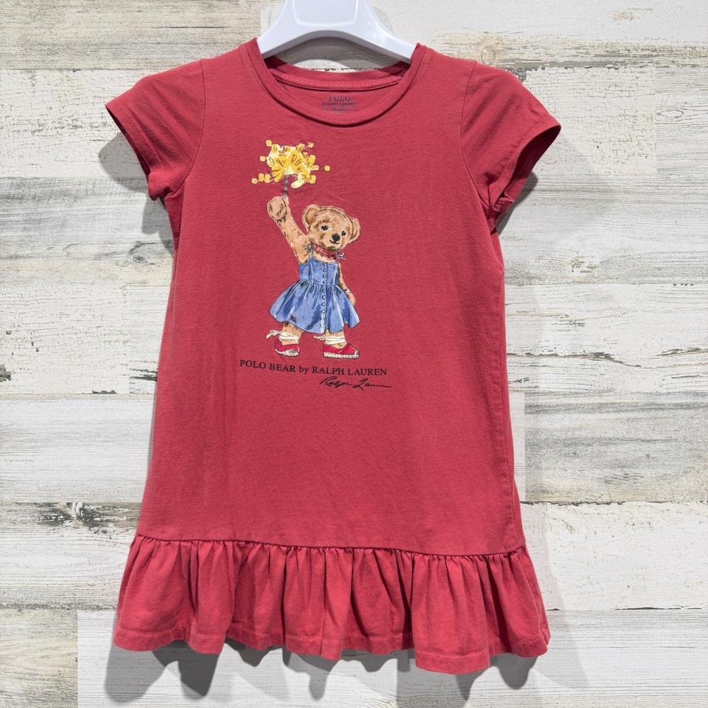 Polo Ralph Lauren T-Shirt Dress Girls 5 Red Polo Bear Ruffle Preppy *Flawed